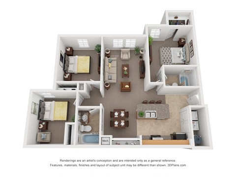 Floor plan for 3 beds, 2 baths, 1046 sqft